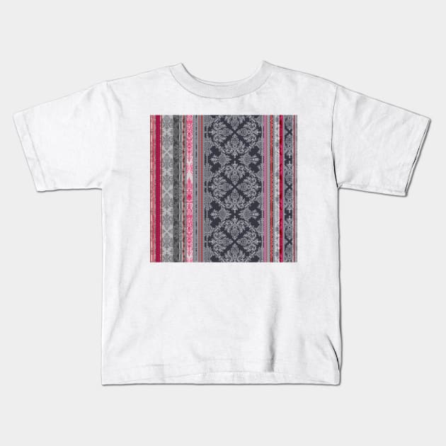 Burgundy, Pink, Navy & Grey Vintage Bohemian Wallpaper Kids T-Shirt by micklyn